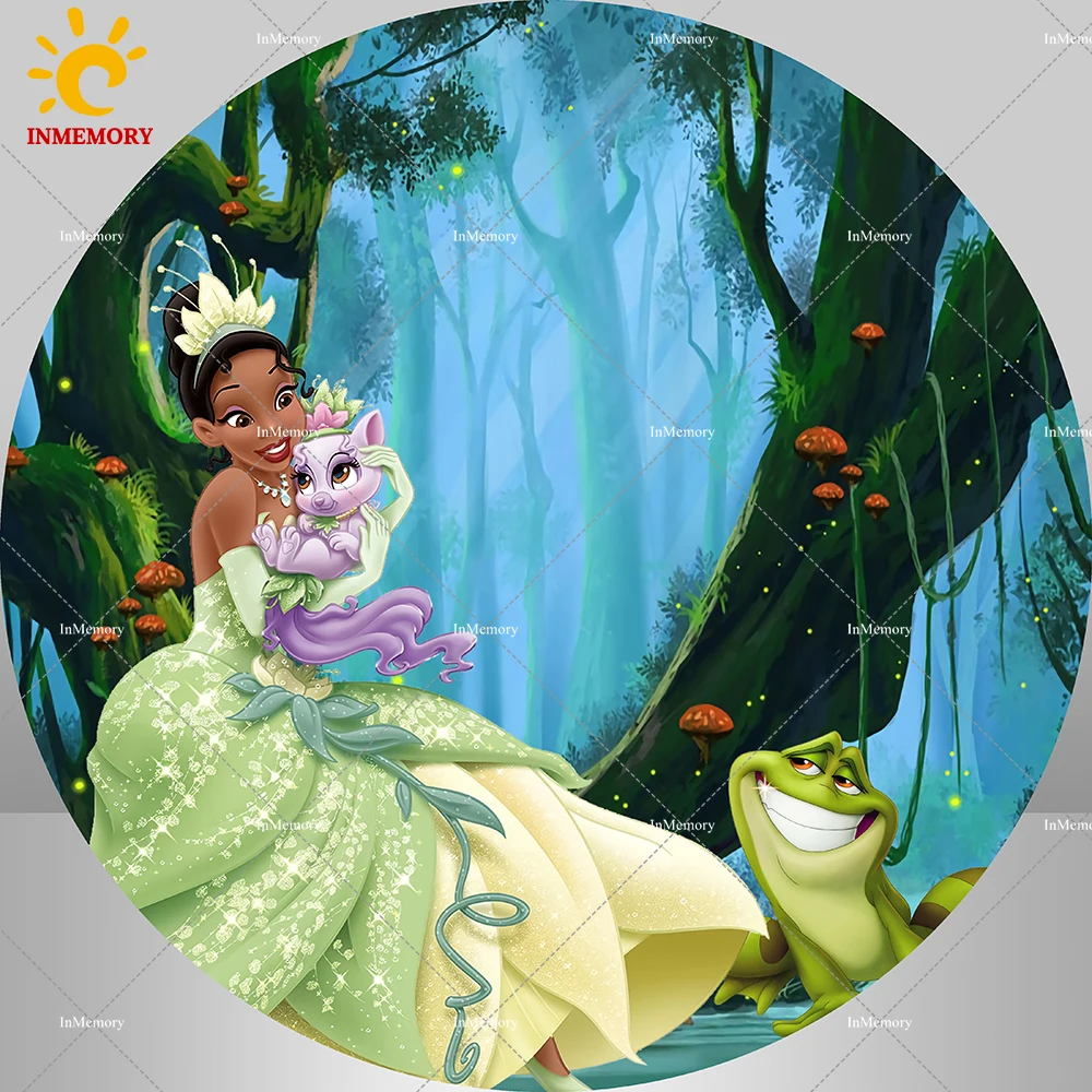 

Круглый фон для фотосъемки с изображением мультяшной принцессы и лягушки для девочек, украшение для дня рождения, леса, вечеринки для будущей мамы, фон для фотосъемки