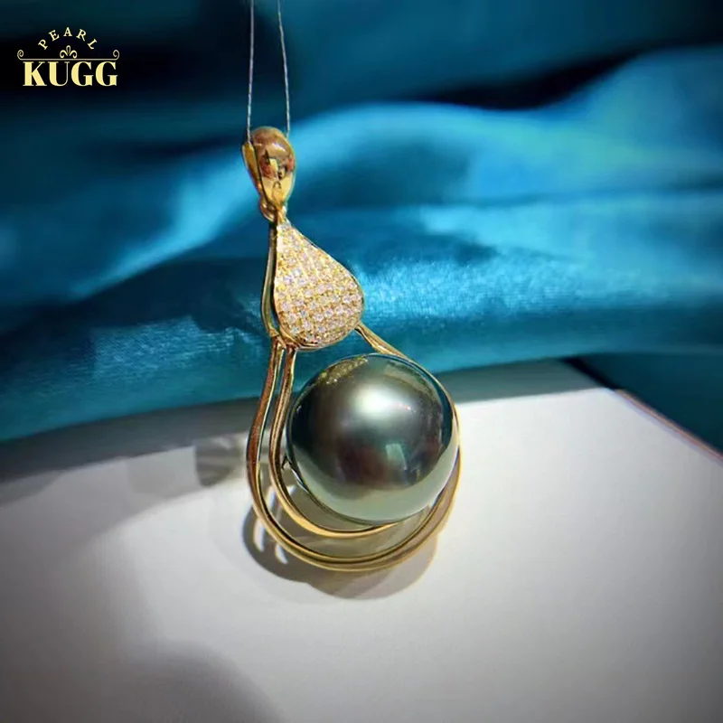 

KUGG PEARL 18K Yellow Gold Pendant 13-14mm Natural Tahiti Black Pearl Pendant Fashion Real Diamond Pendant for Women Party