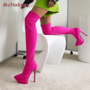 Woman Knee High Boots Winter 2023 New Thigh Elastic Socks Shoe Warm and Sexy Stilettos Heels Pointed Toe Over The Knee Boots
