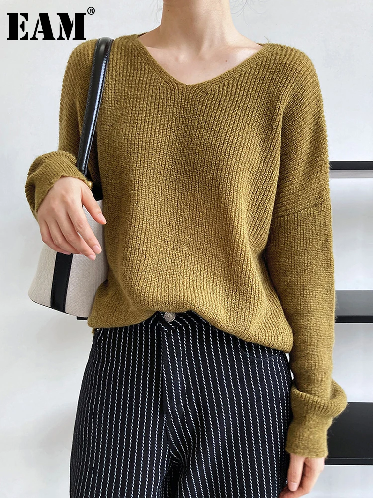 

[EAM] Yellow Thin Big Size Knitting Sweater Loose Fit V-Neck Long Sleeve Women Pullovers New Fashion Spring Autumn 2022 1DF0304