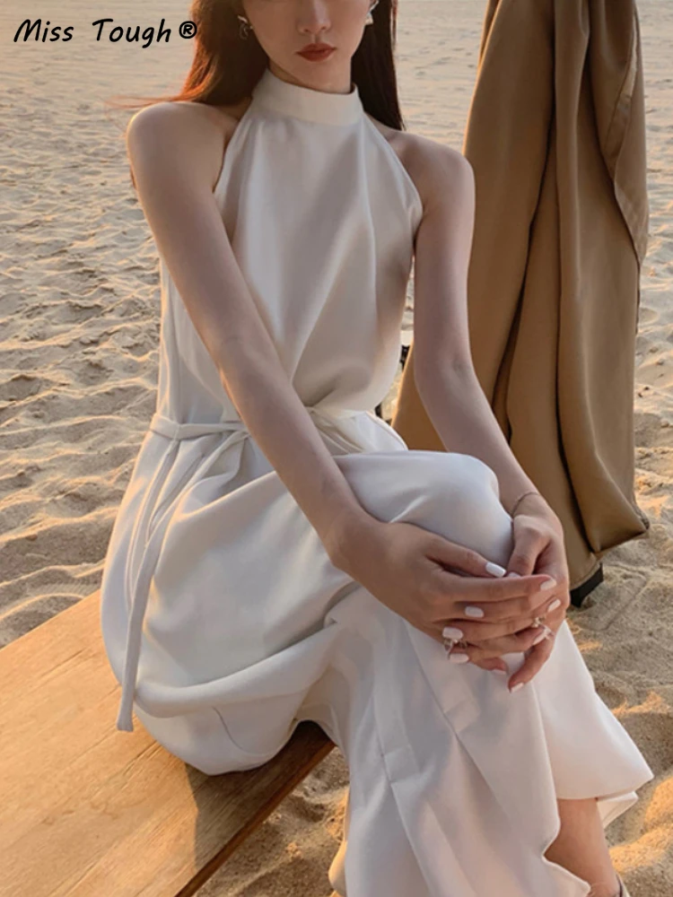 

Элегантное вечернее платье миди во Франции, женское белое повседневное корейское цельное платье, новое дизайнерское офисное платье без рук...