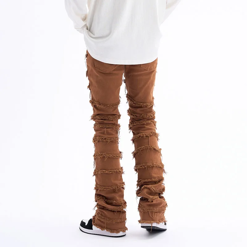 Harajuku Hip Hop High Streetwear Striped Tassel Frayed Straight Baggy Jeans Pants Men and Women Solid Color Casual Denim Trouser