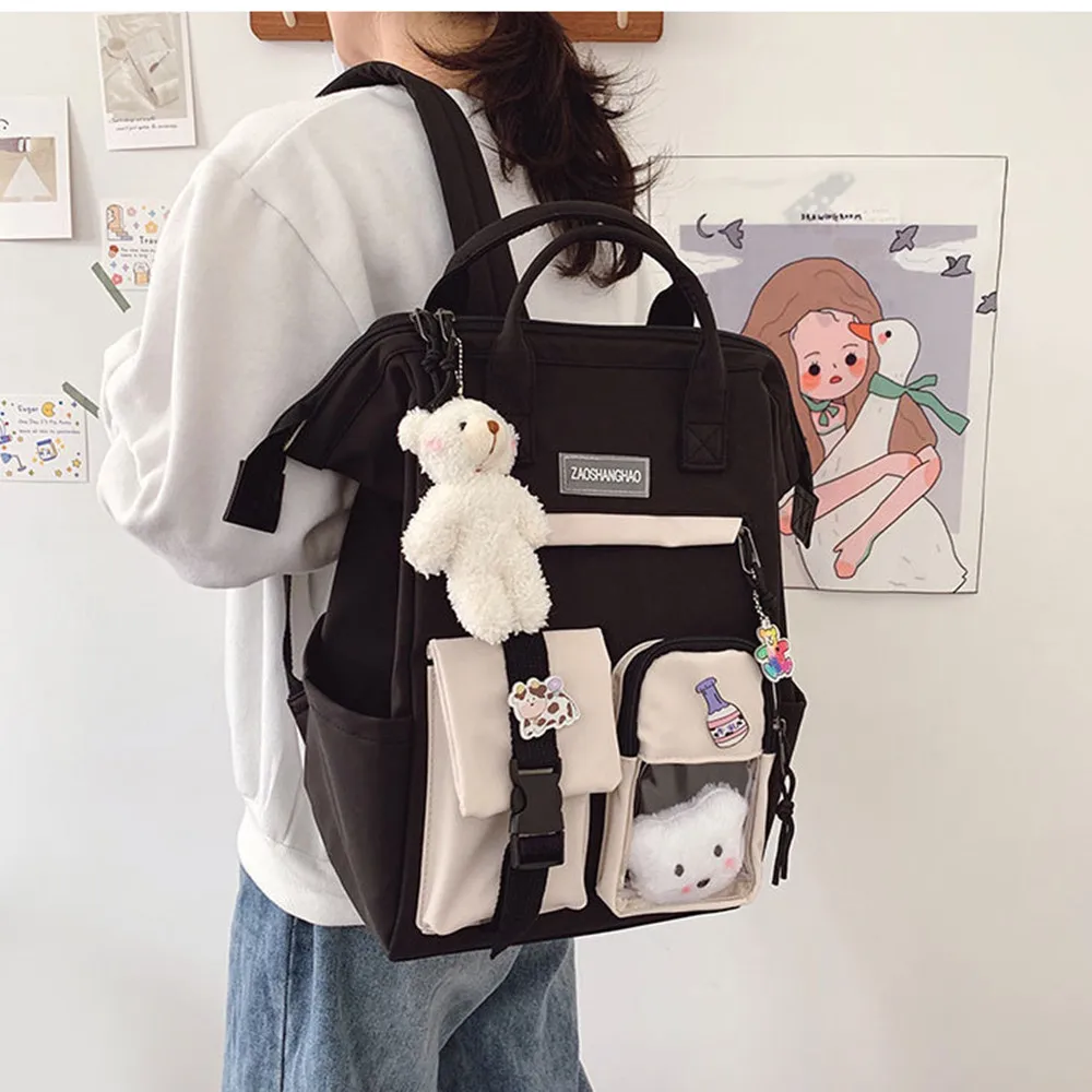 Middle School Girls Backpack School Bags For Teenage Girls Large Capacity Backpack with Cute Accessories Multi-Pockets Hanging B