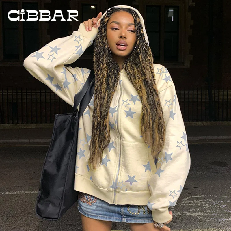 

CIBBAR All-Matching Star Printing Overcoats Street Style Casual Loose Hoodies Outerwear Grunge Zipper Pockets Jackets Harajuku