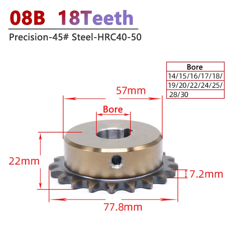 

1pc 08B 18T Precision Industrial Drive Sprocket Wheel 45# Steel 18 Teeth Chain Gear Bore 14/15/16/17/18/19/20/22/24/25/28/30mm