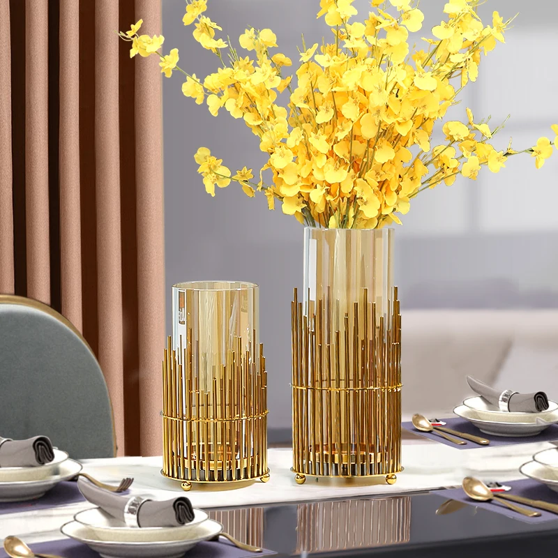 

Clear Metal Design Gold Vase Tall Glass Ikebana Wedding Flowers Nordic Vase Luxury Modern Rose Wazony Room Decorators LK50HP
