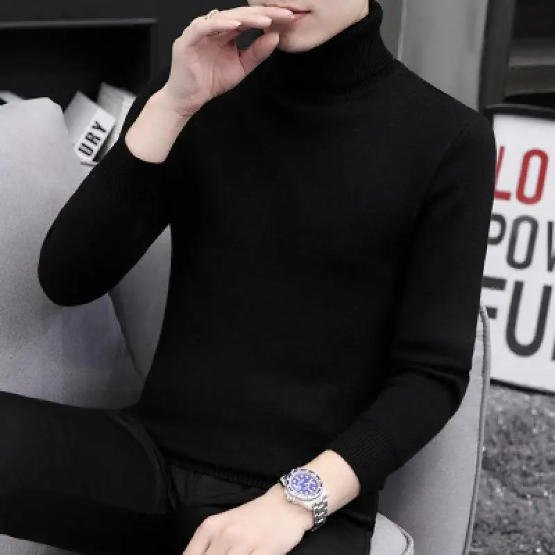 Autumn Winter Pop Men's Turtleneck Sweater Slim Solid Color Casual Knit Bottoming Shirt Men's Winter Warm Pullover Knit Sweater