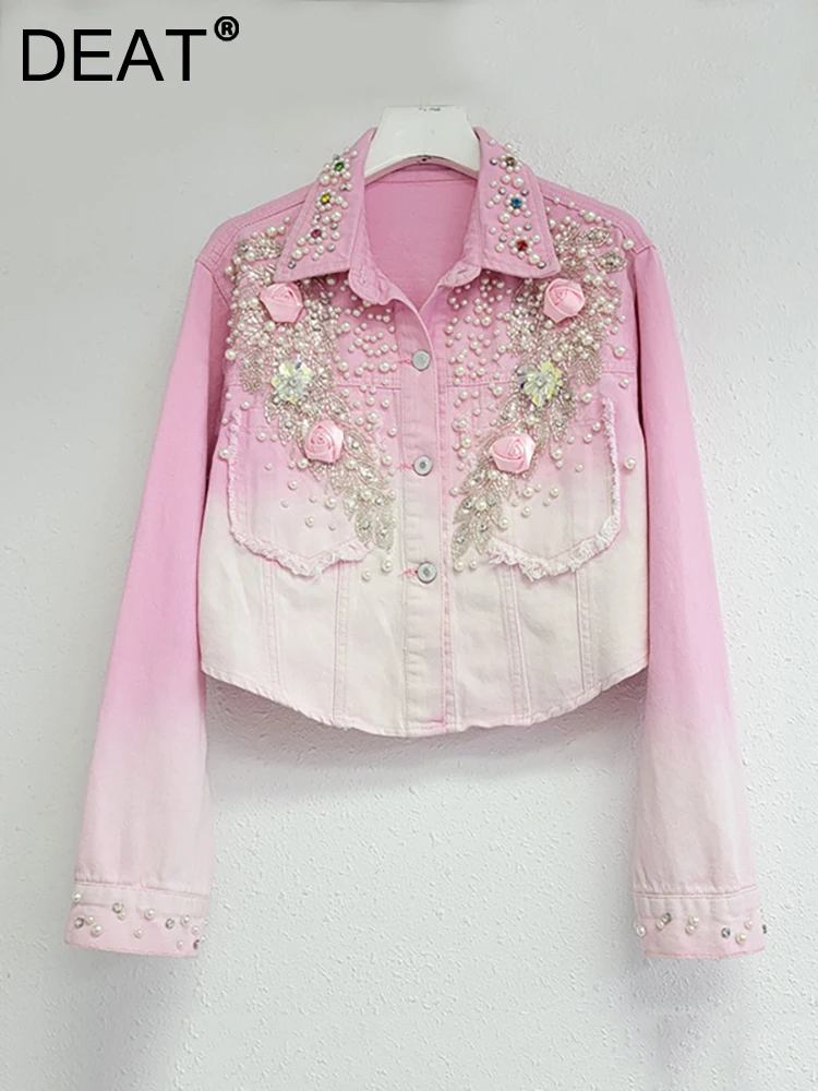 

DEAT Women Denim Coat Lapel Gradient Pink Beading Rose Folwers Single Breasted Pocket Jackets 2023 Autumn New Fashion 29L1229H