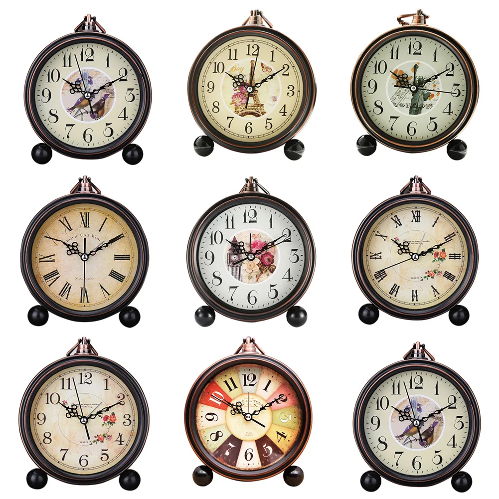 European Style Office Roman Numerals Alarm Clock Decorative Modern Desktop For Home Round Quartz Retro Flower Print Vintage |