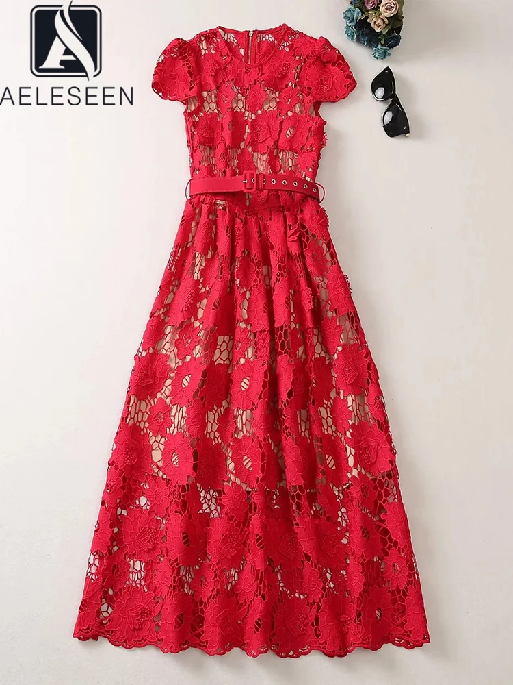 

AELESEEN High Quality Red Lace Dress Women Summer Short Sleeve Flower Embroidery Belt Elegant Party Long