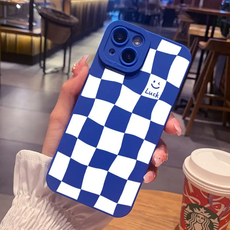 

For iPhone 11 12 13 Pro Max X XR 7 8 Plus SE 2021 New Klein Blue Smiley Plaid Time Simple Smile Burgundy Phone Case