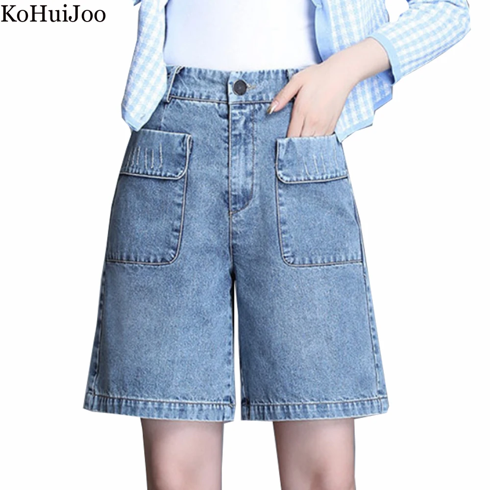 

KoHuiJoo Denim Wide Leg Fashion Pants Female Large Size Spring Summer New Pocket Design Short Jeans Knee Length Straight 4XL