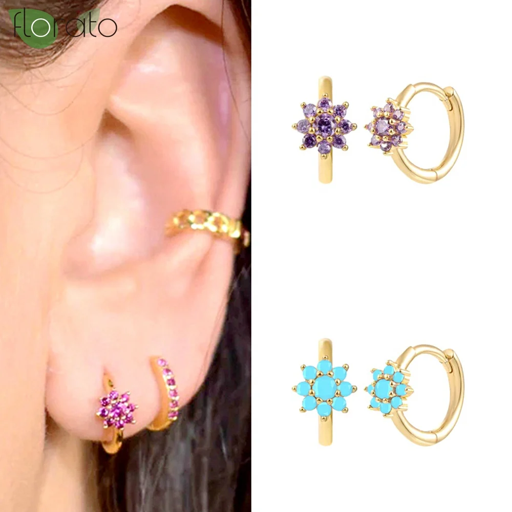 

925 Sterling Silver Needle Elegant Colorful Flowers 24K Gold Earrings 11mm Small Hoop Earrings for Women Wedding Luxury Jewelry