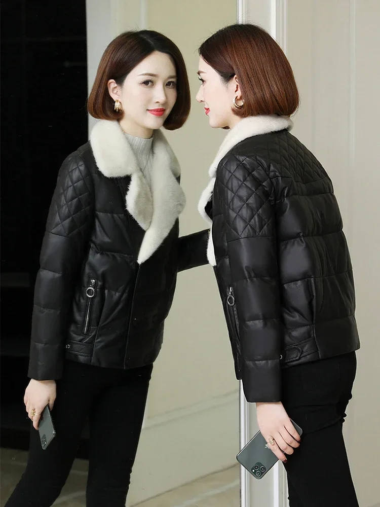 Женская куртка из натуральной овечьей кожи 90% Пух белой утки женские зимние