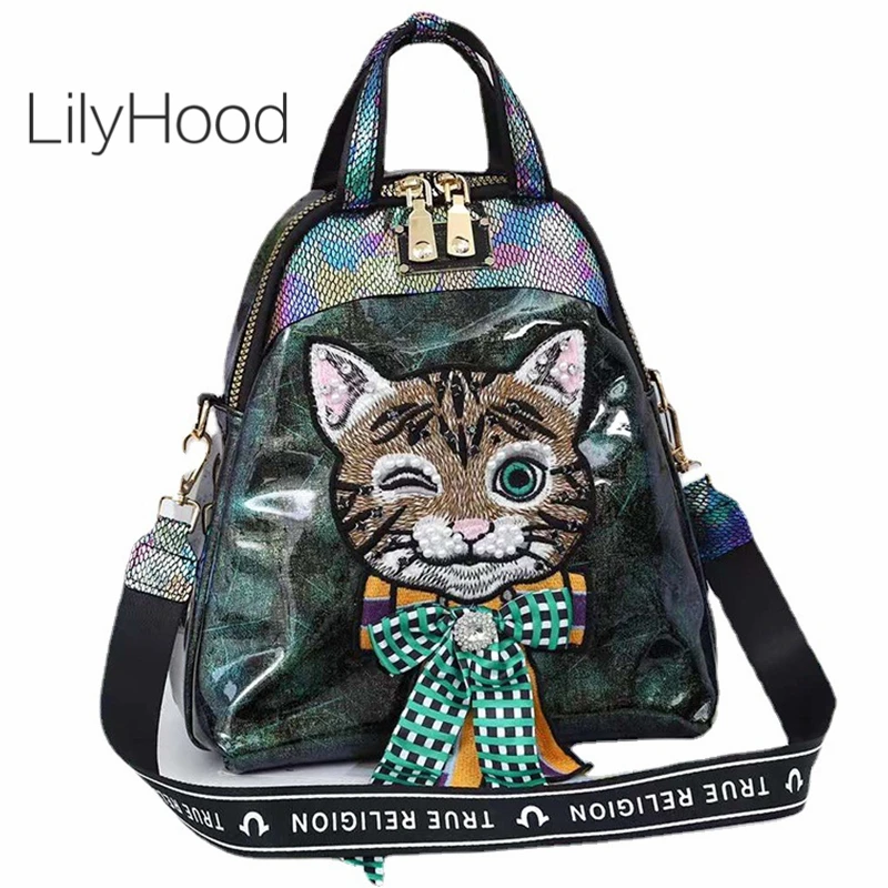 

Female Fashion Luxury Designer Holographic Leather Embroidery Cat Diamonds Backpack Women Big Size Cute Bow Travel Daily Daypack