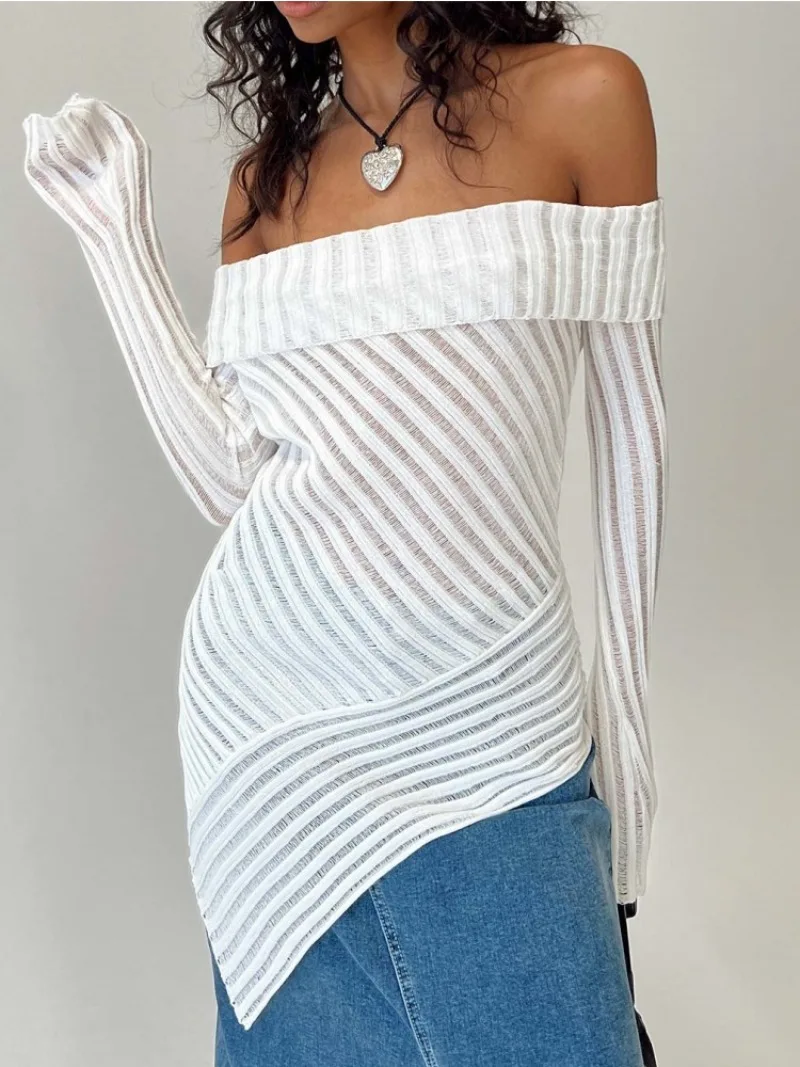 

Fashion Sexy White T Shirt for Women Ladies Slash Neck Off Shoulder Long Sleeve Irregular Tops 2023 Fall Slim Knitted Tee Shirts