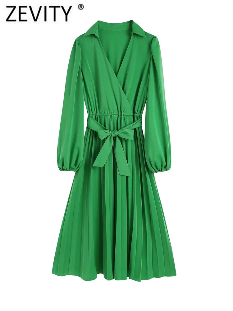 

Zevity New Women Fashion Turn Down Collar Cross Green Midi Dress Female Bow Sashes Casual Slim Pleated Kimono Vestidos DS2442