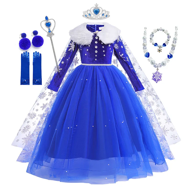 

Disney Children Snow Queen Dress Long Sleeve Blue Velvet Mesh Ball Gown Girls Frozen Elsa Princess Cosplay Costume with Cloak