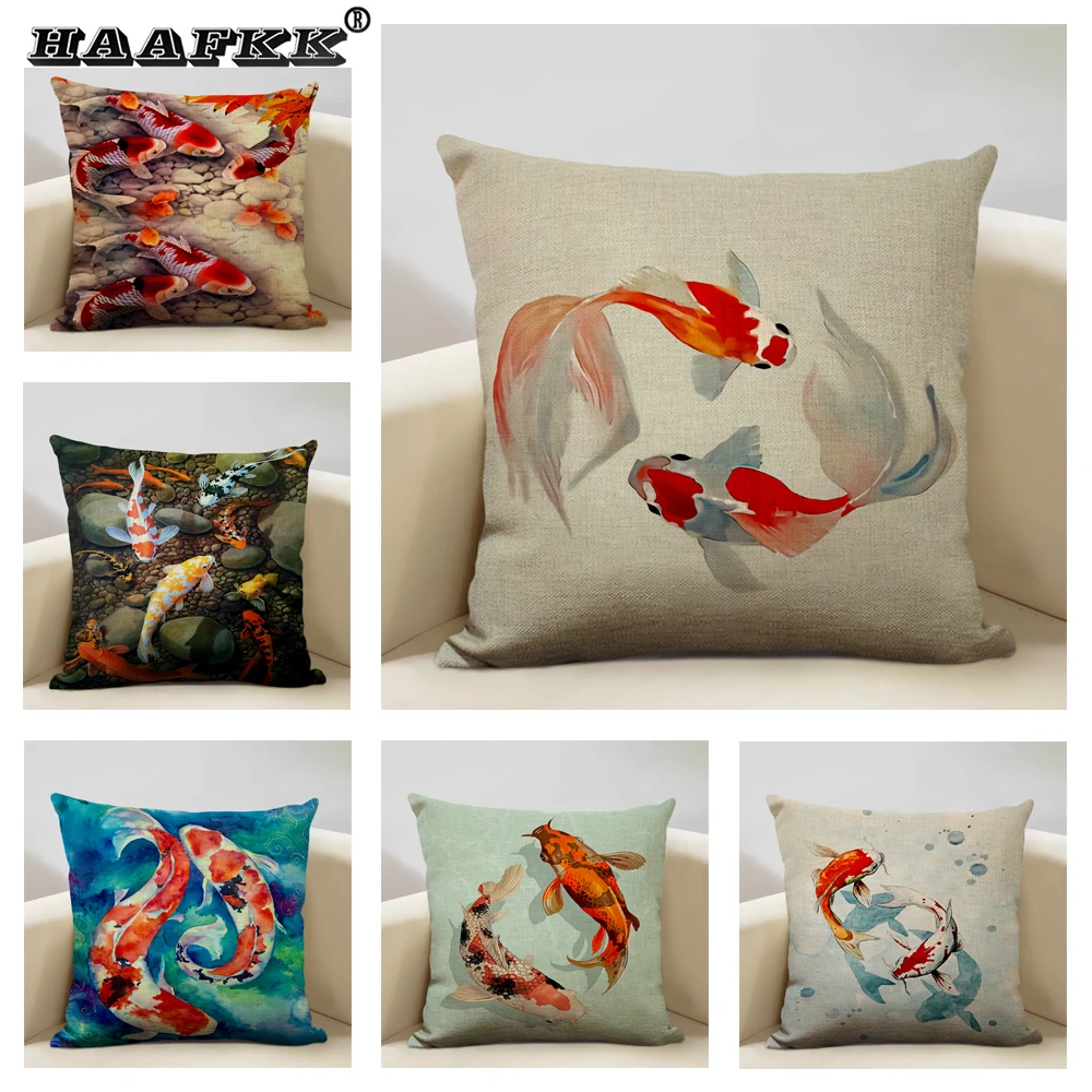 Рисунок золотой рыбки льняная наволочка Подушка для украшения гостиной 45x45 см