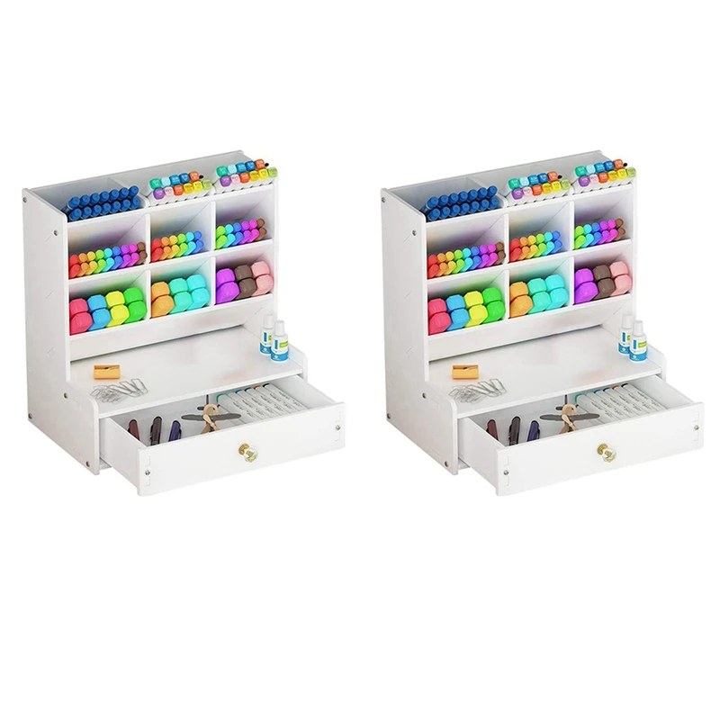 

2X White Desk Organizer, DIY Pen Holder Box, Desktop Stationary Storage Rack For School Home Office (C03)