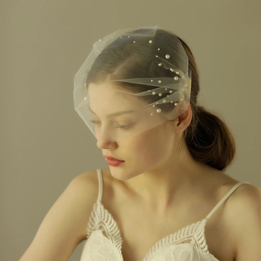 

V606 Fresh Simple Wedding Bridal Short Veil Tulle Pearls Beading Handmade Blusher White Brides Veil Women Marriage Accessories