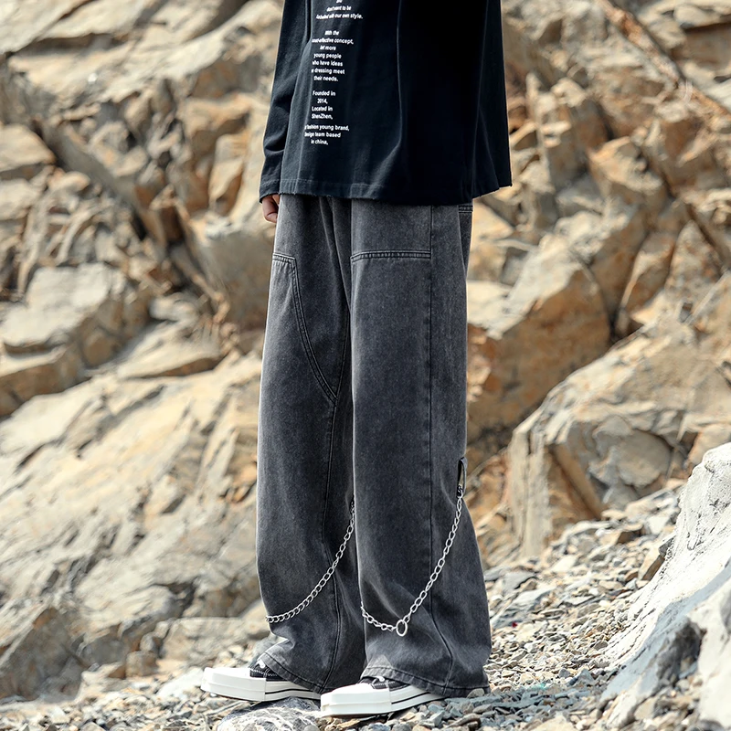 Chain Baggy Jeans Men Fashion Casual Oversized Wide Leg Jeans Men Streetwear Hip Hop Loose Straight Denim Pants Mens Trousers