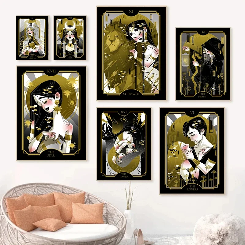 

Постер с изображением Золотой Луны Таро принцессы винтажная девочка в скандинавском стиле настенные картины для гостиной настенная Картина на холсте домашний Декор без рамки