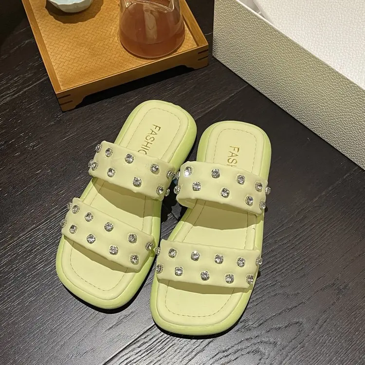 Rhinestone Thick-soled Sandals and Slippers Summer New Soft-soled Casual All-match Outer Wear One-word slippers