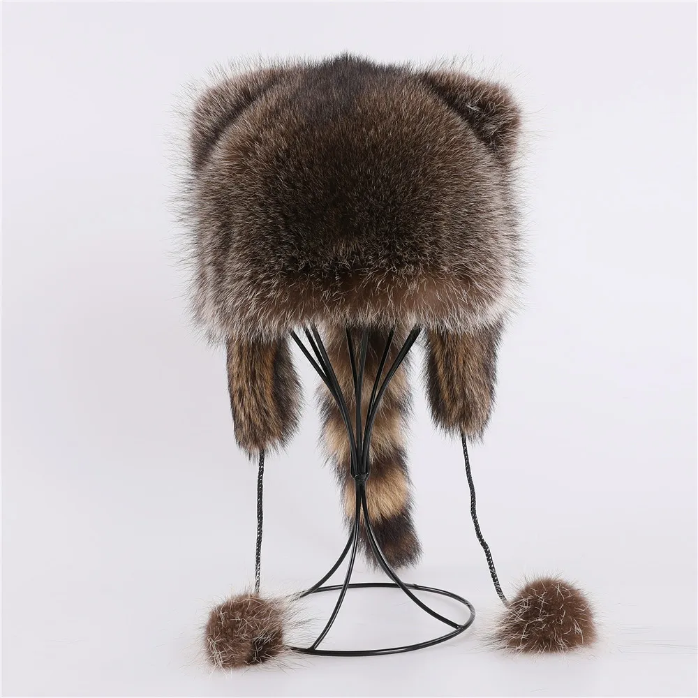 Luxury Fluffy Natural Raccoon Fur Bomber Hat Cat Ears Balls Trapper Hat Winter Warm Women Girls Outdoor Snow Earflap Hats