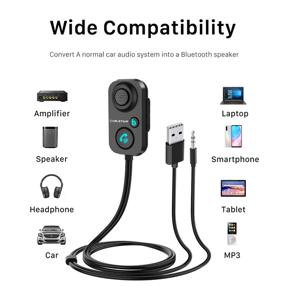 

V5.0+EDR Bluetooth Receiver 5.1 AUX Audio 3.5mm Wireless Adapter For Car Speaker About 35g 5V/0.5A~2.1A