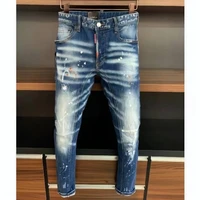 new dsquared2 stitching printing mens slim jeans straight leg motorcycle rider hole pants jeans man a371