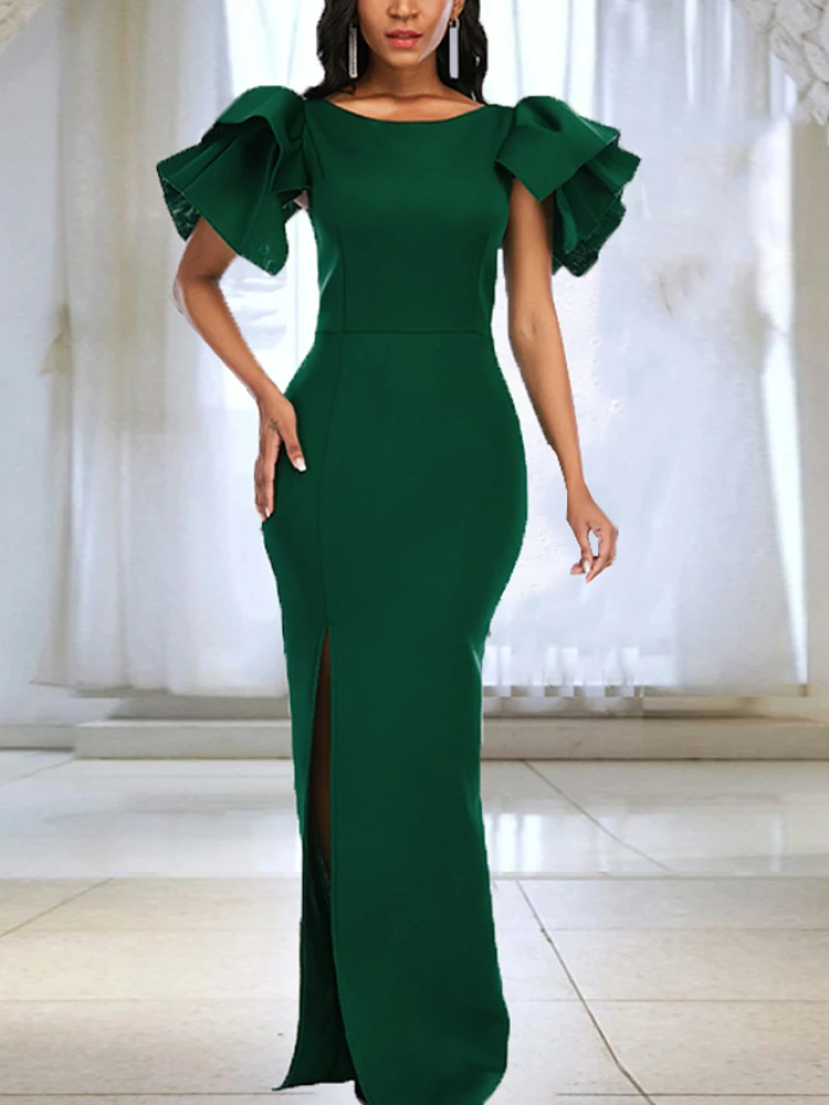 

Классическое длинное вечернее платье для женщин, темно-зеленое облегающее платье-футляр с коротким рукавом с оборками и разрезом, праздничные Клубные платья с выходным