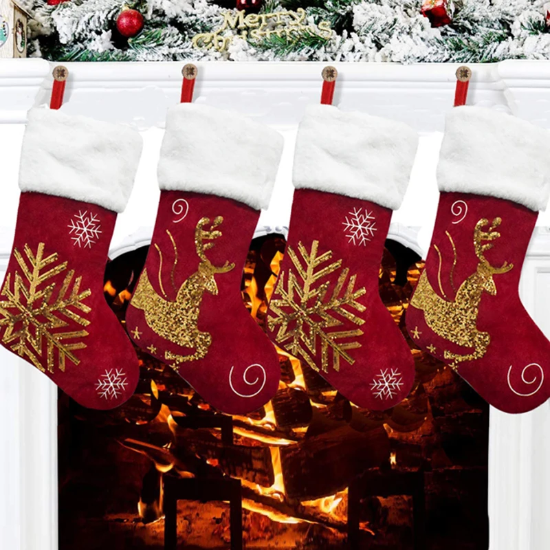 

Gold Embroidered Red Xmas Socks Gift Bag Elk Snowflake Flannel Xmas Socks Gifts Hanging Pendants New Year Decorations