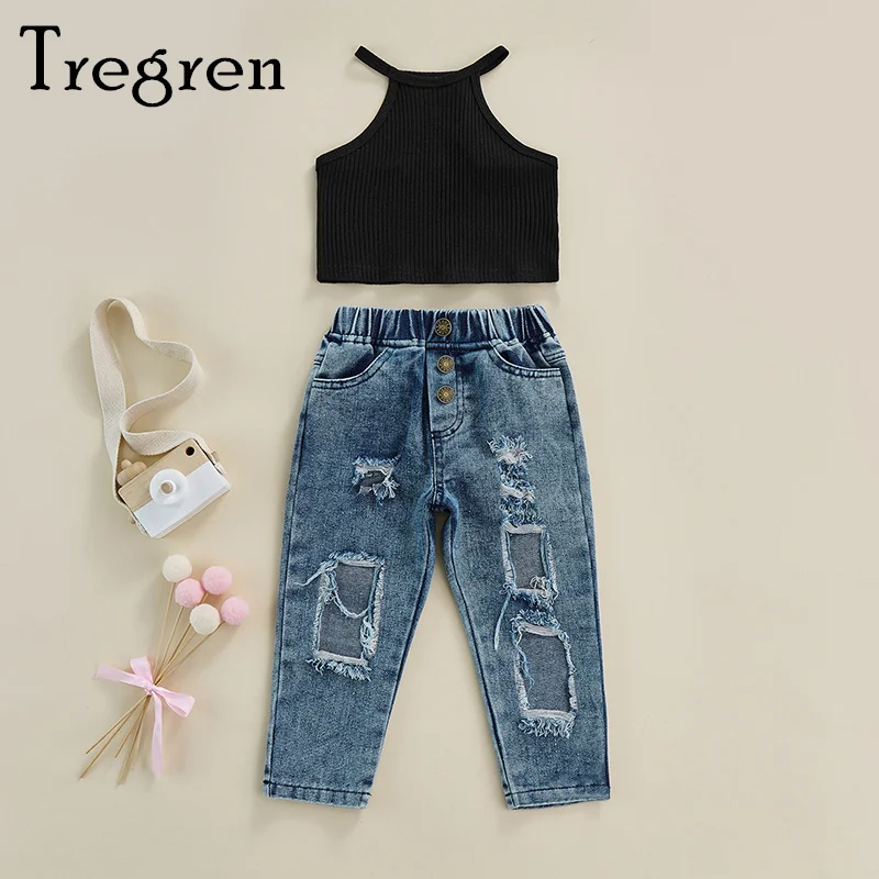 

Tregren Girls Summer Outfits Fashion Kids Off-Shoulder Sleeveless Tank Tops + Ripped Jeans with Pockets Clothing For 18M-6Yrs