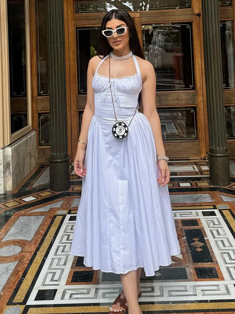 JONN 2024 летнее элегантное белое платье миди без рукавов со шнуровкой на талии для