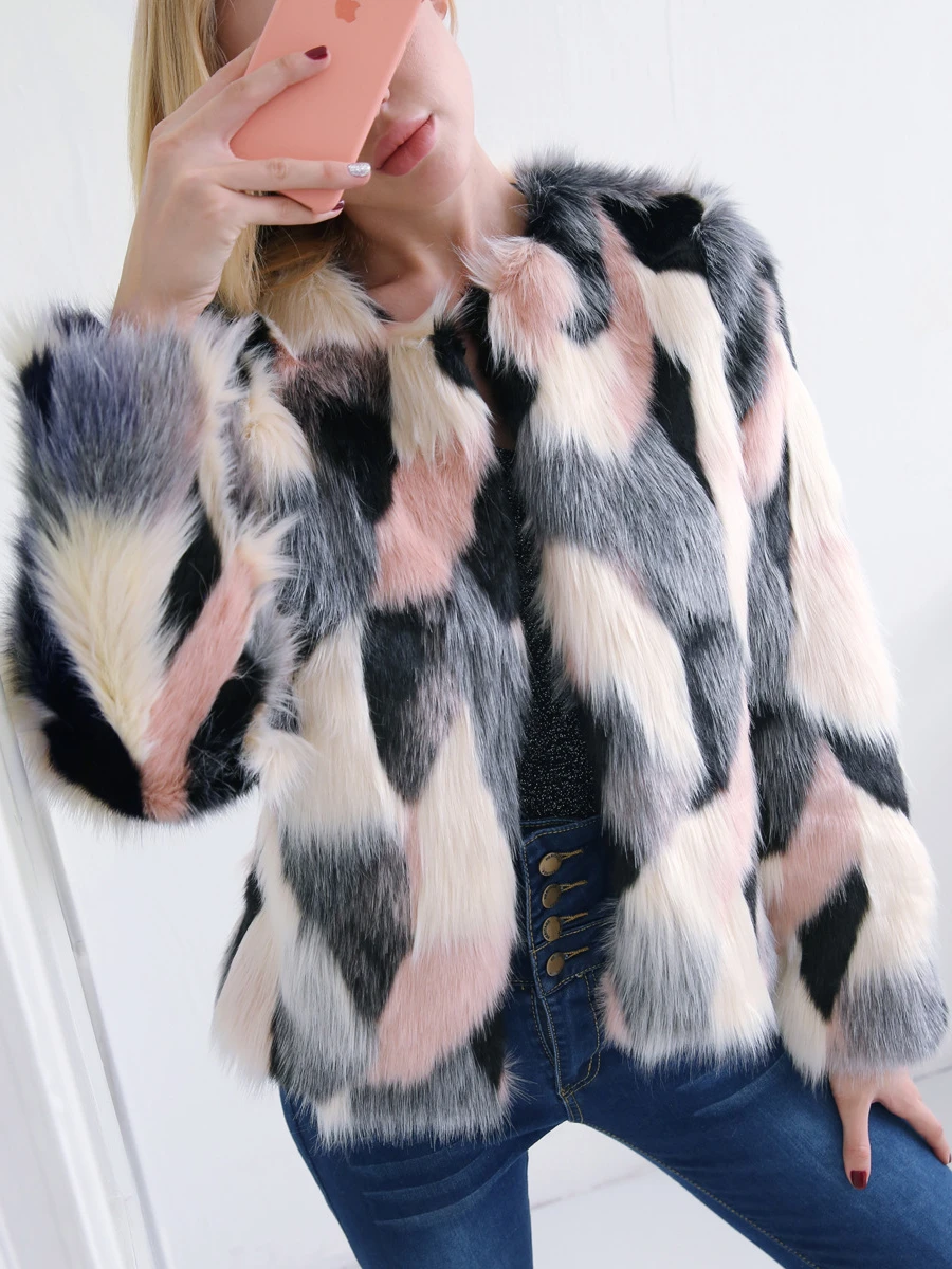 

Pink Patchwork O-neck Luxury Winter Fur Coat for Women 2022 O-neck Thick Warm Jacket Female Overcoat Faux Fur Coats Outerwear
