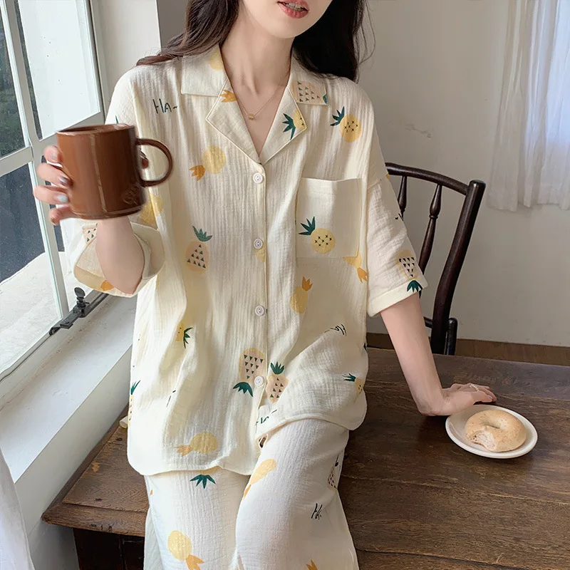 Women Pyjamas Summer Cool Feeling Cotton Short-sleeve Cardigan Trousers Thin Homewear Sweet and Cute Style Sleepwear Loungewear