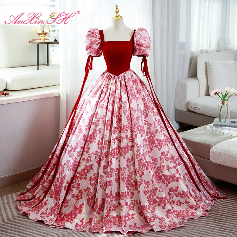 

AnXin SH princess red velvet flower satin sweetheart short bow puff sleeve party ball gown bride sparkly lace up evening dress