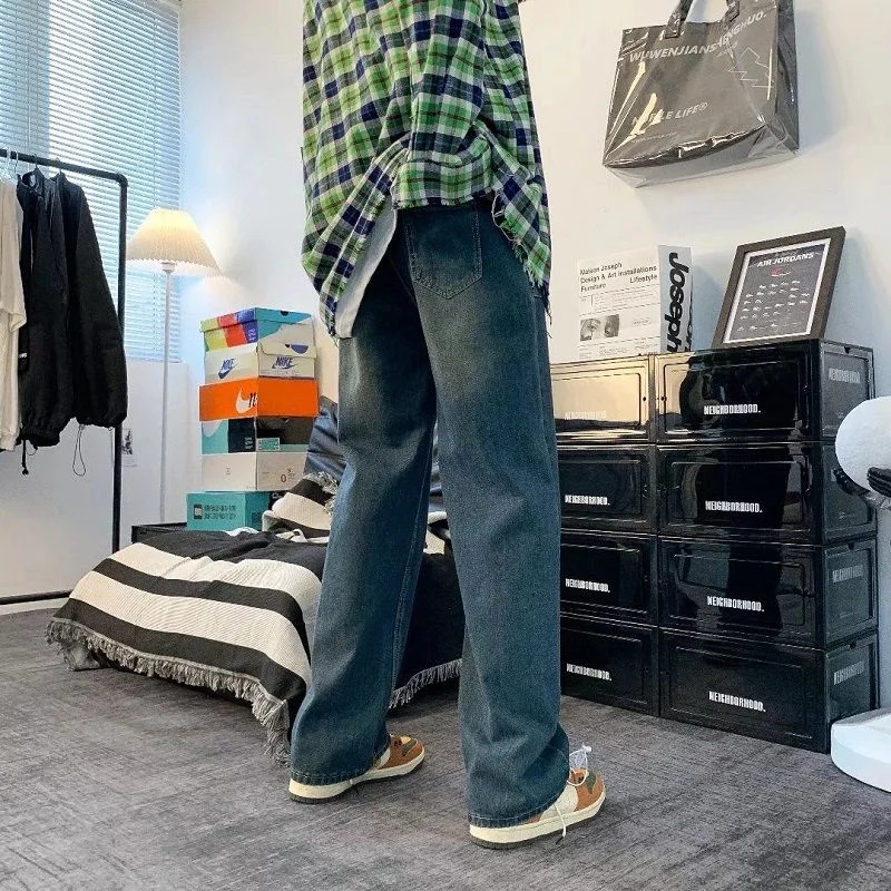 Summer Blue Baggy Jeans Men Fashion Retro Casual Straight Jeans Mens Streetwear Loose Hip Hop Wide Leg Denim Trousers Men Pants
