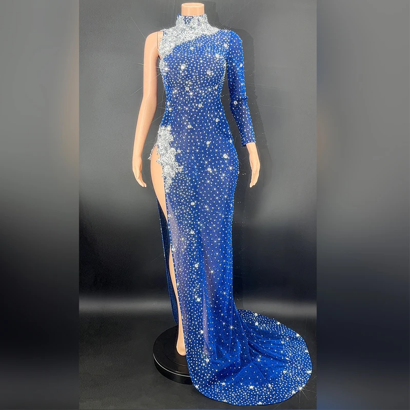 

Royal Blue Full Diamond Trailing Dress Dress Sexy One-Shoulder Rhinestones Dress Women Party Outfit Evening Prom Dresses XS5078