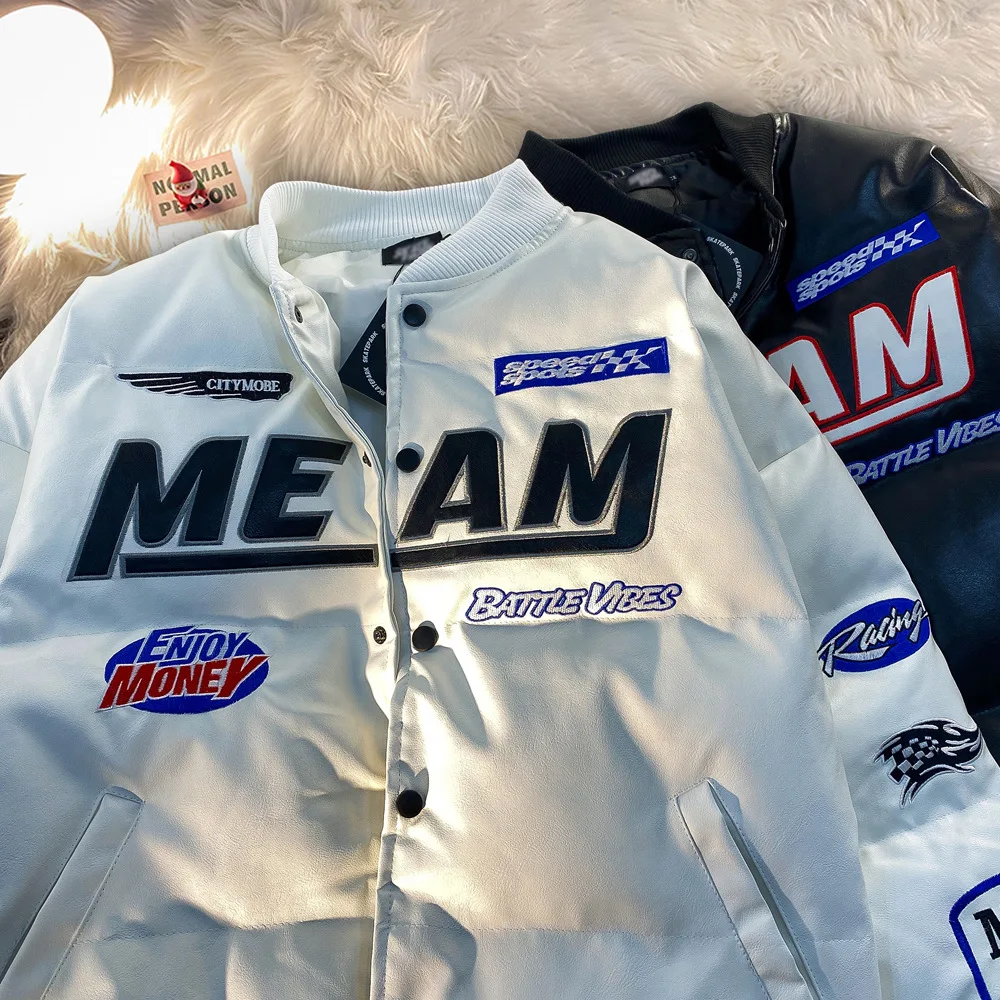 American Style Hip Hop PU Parkas Men's Winter Ins Single Breasted Loose Letter Patchwork Design Jackets Overcoats White Black