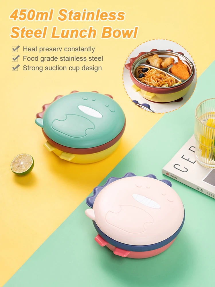

Stainless Steel Lunch Box Baby Feeding Heated Bowl Lining Dinosaur Divided Plate Lid Toddlers Self-Feeding Bowl with Suction