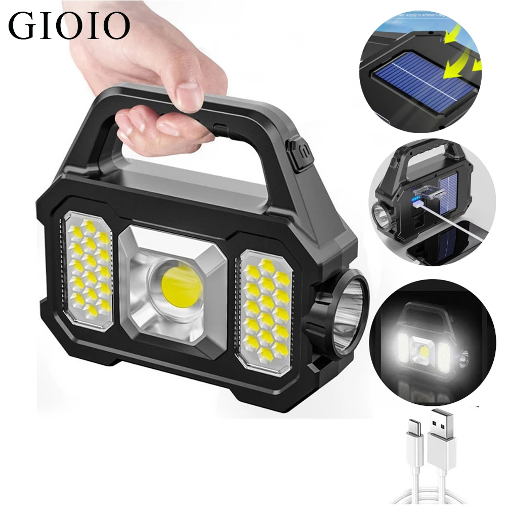 Solar Lamp LED Flashlight with COB Work Lights USB Rechargeable Handheld Power Bank Solar Powered Lanterns Searchlight Camping L