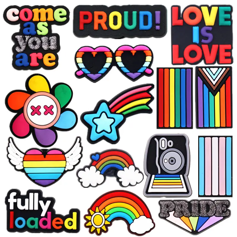 1 Pz Stile Arcobaleno Pvc Charms Per Scarpe Decorazione Orgoglio Orgoglio Meteor Amore Designer Scarpa Accessori Perni Jibz Fit Croc Regalo Di Natale 