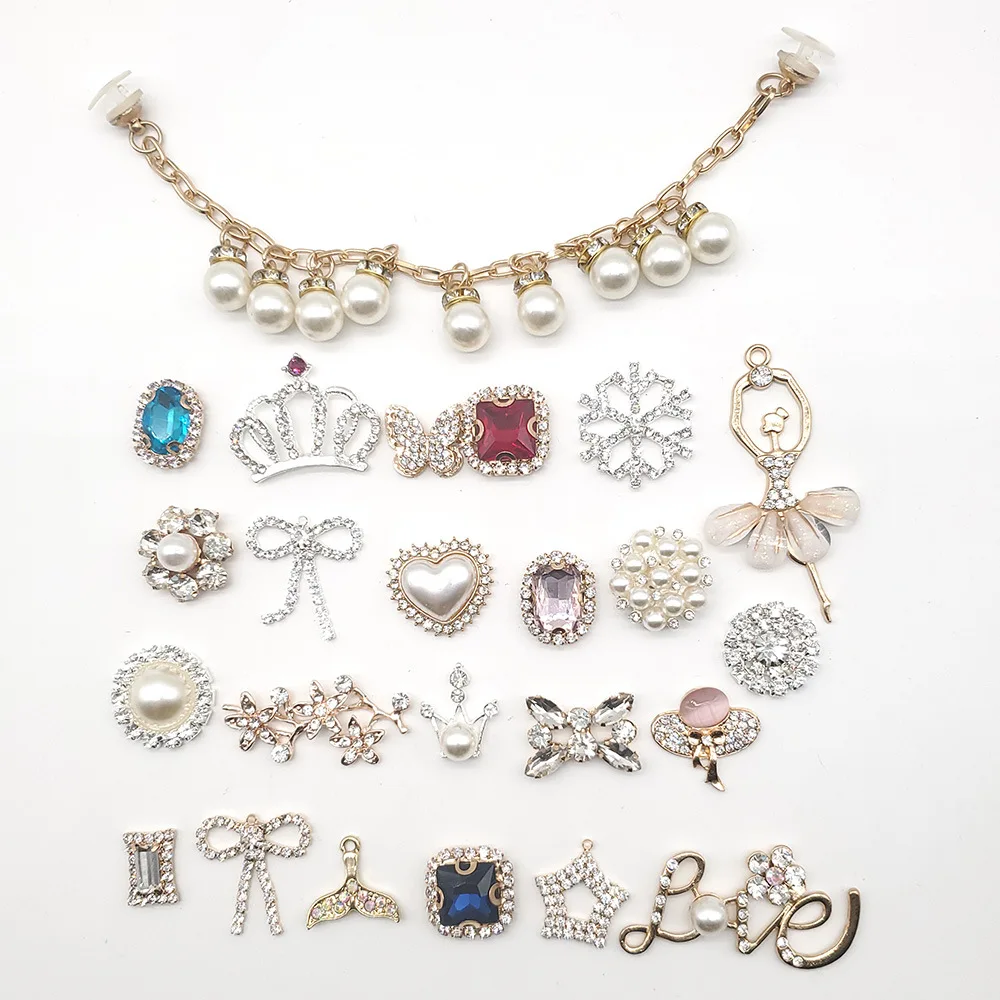 24Pc/set Fashion Rhinestone Metal Bow Flower Crown Croc Charms Shoe Decoration DIY JIBZ Garden Shoe Accessories Girl Gifts