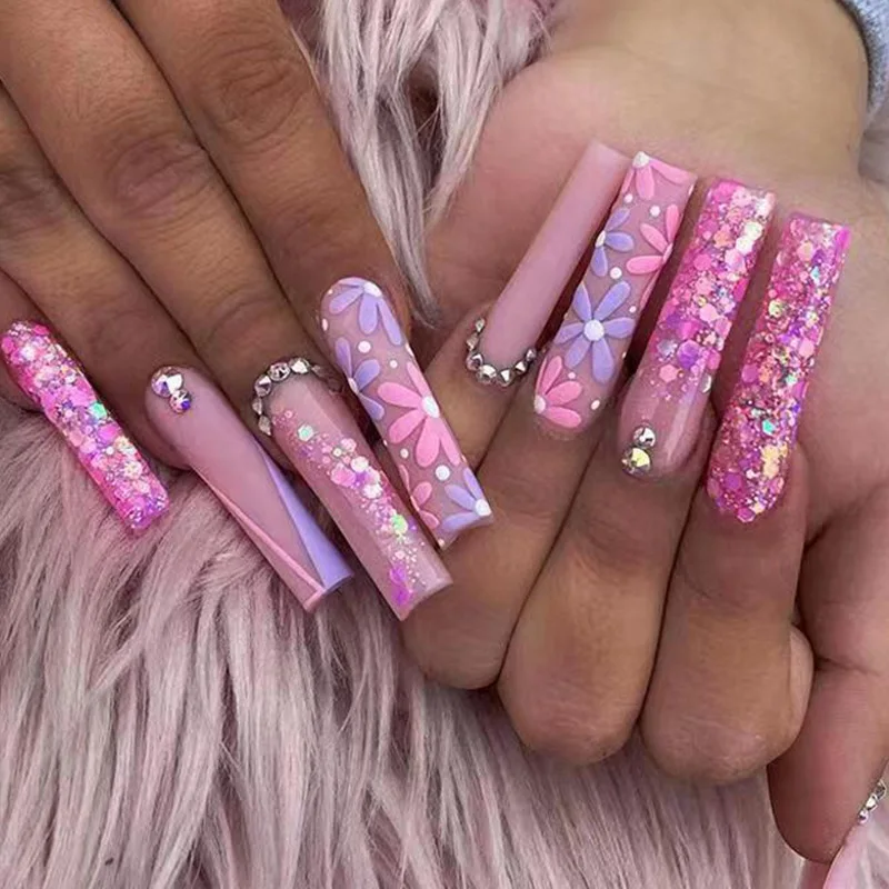 

24Pcs Glitter Nail Art Tips Long Ballet False Nails Pink Flowers Designs French Fake Nails Wearable Coffin Press on Nails