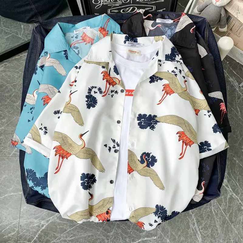 

Crane Shirt Summer Fast Sleeve Fashion Asian Plus Mens Short For Size M-3XL Shirts Beach Size Casual Hawaiian Drying Men Print