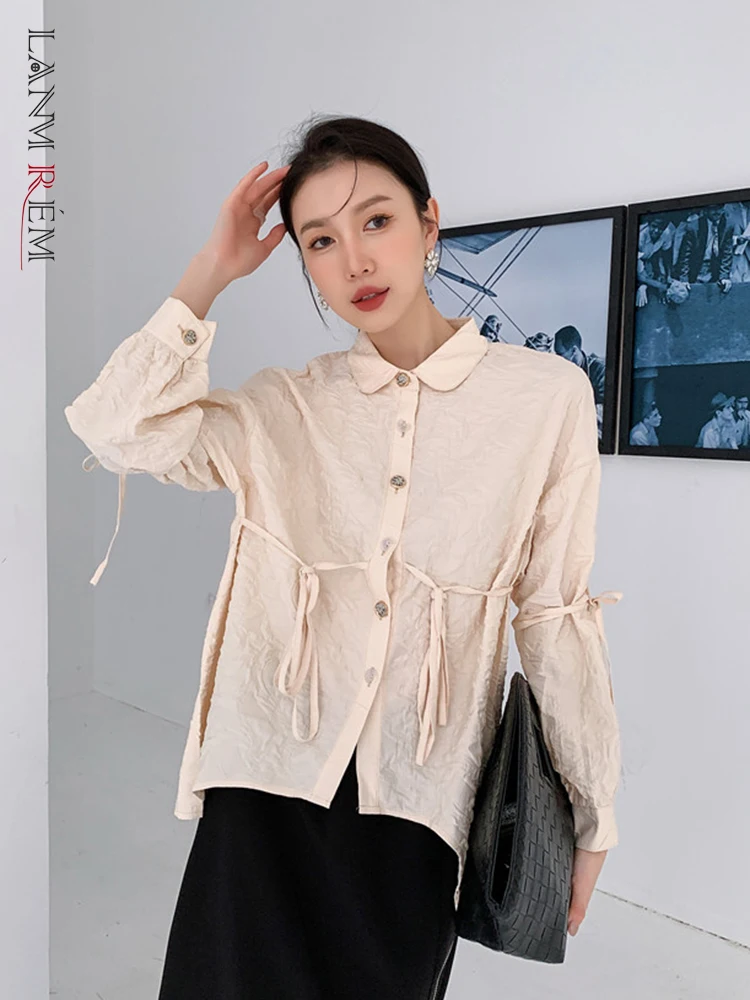 

LANMREM Jacquard Lace-up Shirt For Women Single Breasted Turn-down Collar Full Sleeve Tops 2022 Spring Female Fashion 2N532