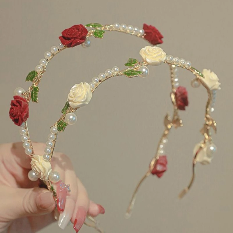 

Temperament Rose Shape Headband with Pearl Bride Hair Hoop Wedding Tiaras