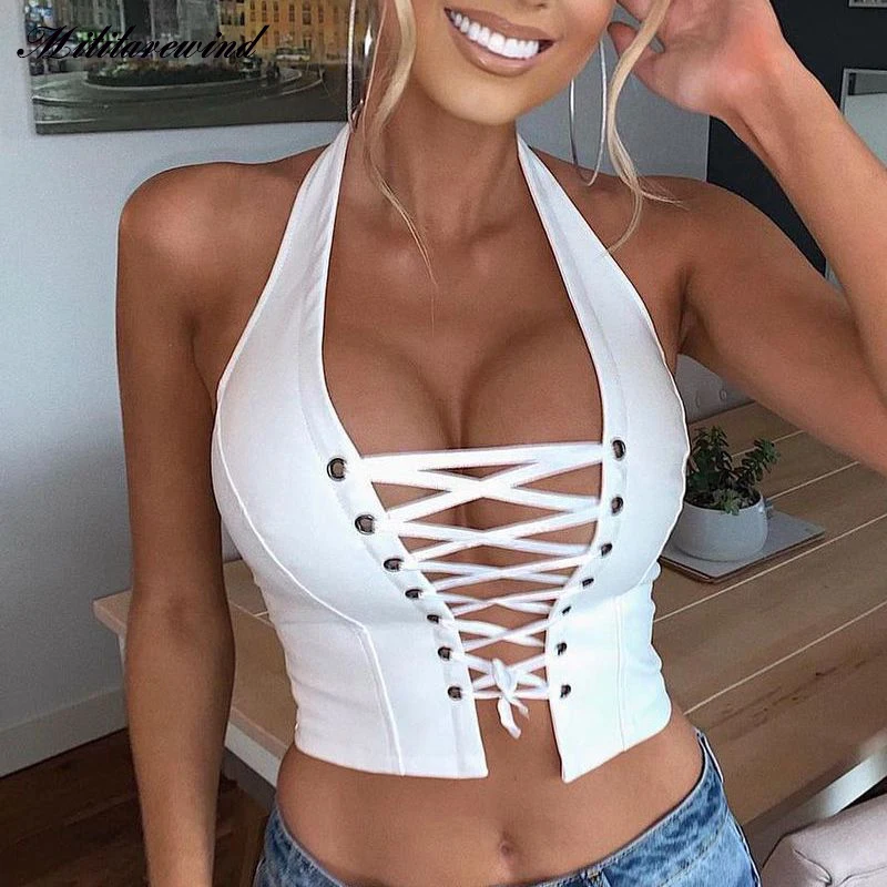 

Summer Sexy Halter Pu Leather Camis Women Lace Solid Sleeveless Faux Clubwear Party Bandage Backless Fashion New Tanks Femme Top